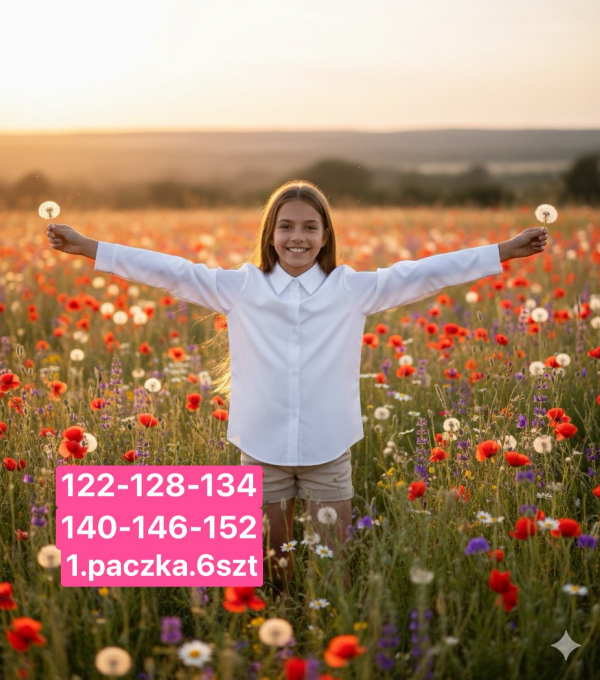 Koszule dziewczęce Roz 122-152, 1 kolor Paczka 6 szt